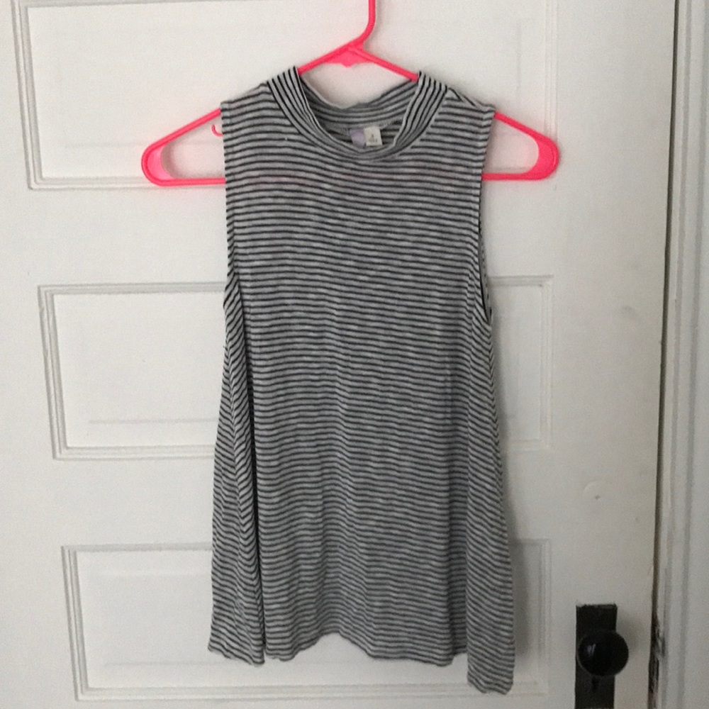 Black/white/gray striped mock neck tank